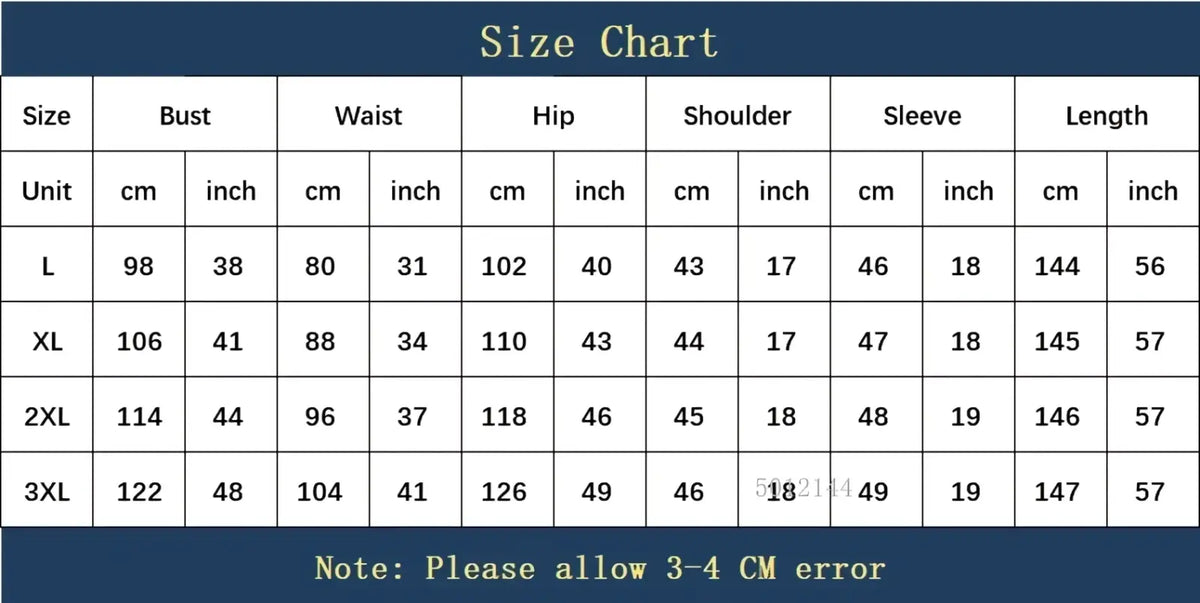 Size chart for African mermaid evening dress crystal maxi gown showing measurements in centimeters and inches for sizes L to 3XL