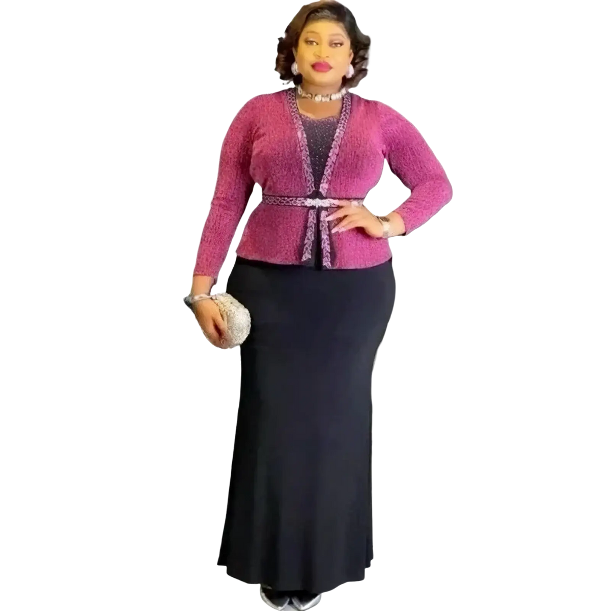 A woman wearing an african mermaid evening dress crystal maxi gown with a magenta textured cardigan and silver trim