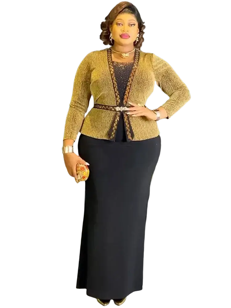 A woman wears an african mermaid evening dress crystal maxi gown with a gold textured cardigan and black skirt