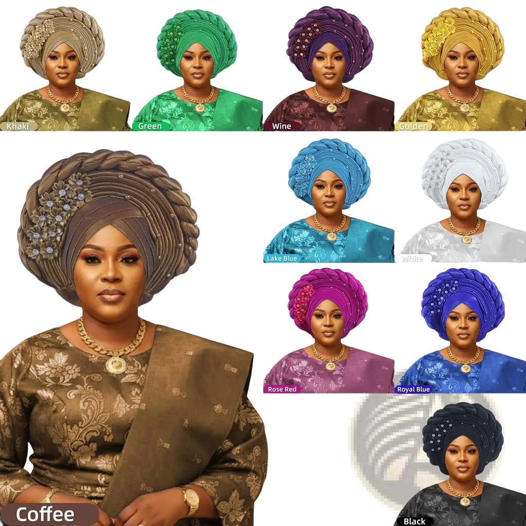 Coffee-colored African turban auto gele headwrap with intricate braids and embellishments for traditional wear