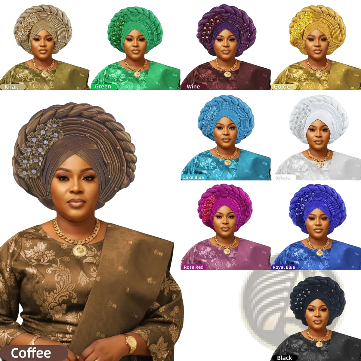 Coffee-colored African turban auto gele headwrap with intricate braids and embellishments for traditional wear