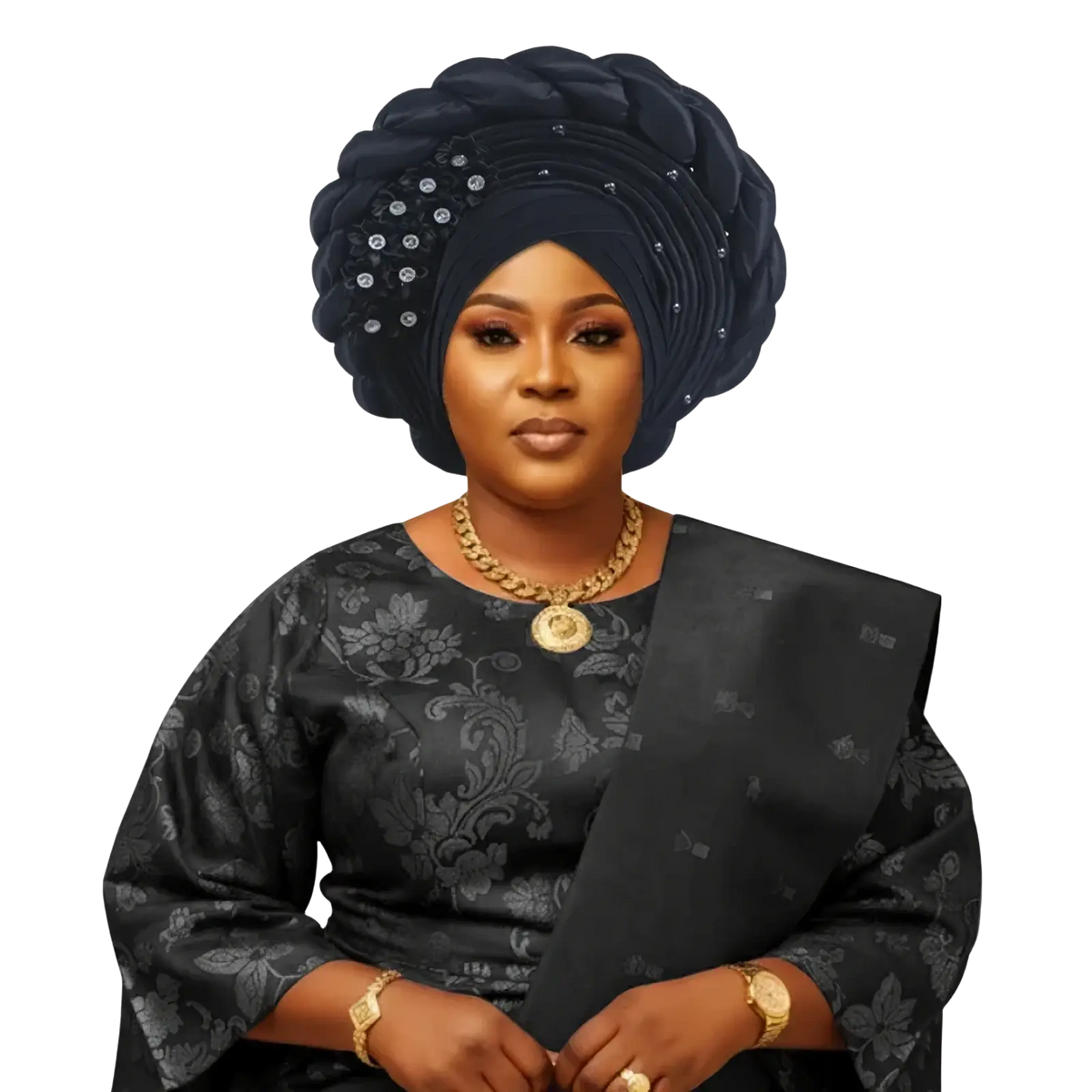 Elegant black African turban auto gele headwrap with intricate braided design and sparkling embroidered embellishments