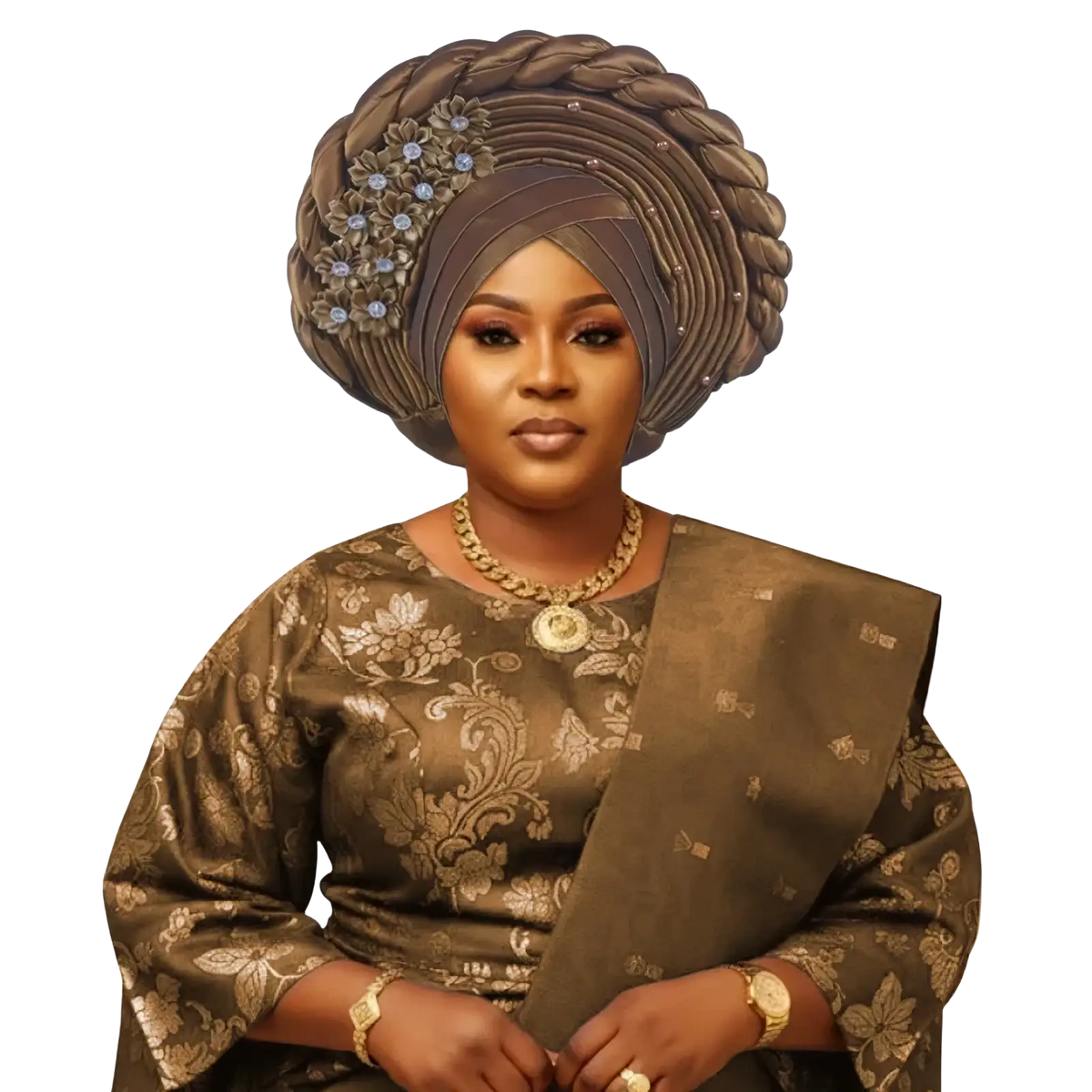 Elegant brown woven african turban auto gele headwrap with delicate floral embellishments and sparkling beads