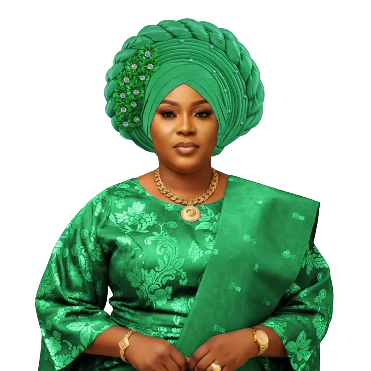 African turban auto gele headwrap in emerald green braided fabric with silver beaded floral embellishments