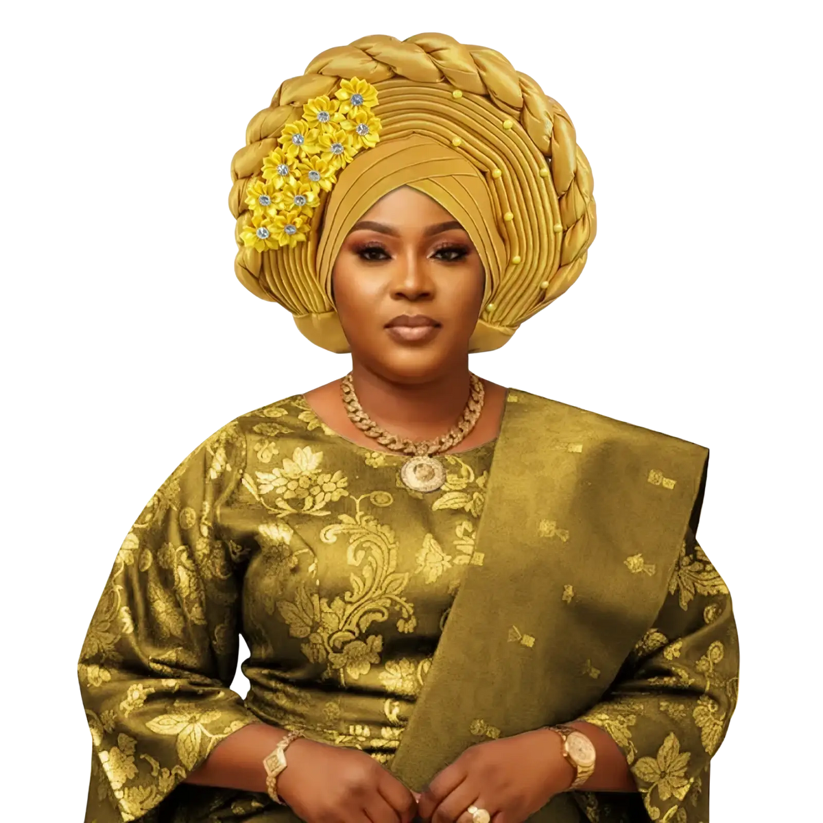 African turban auto gele headwrap in gold with intricate braids yellow floral embellishments and blue gemstones