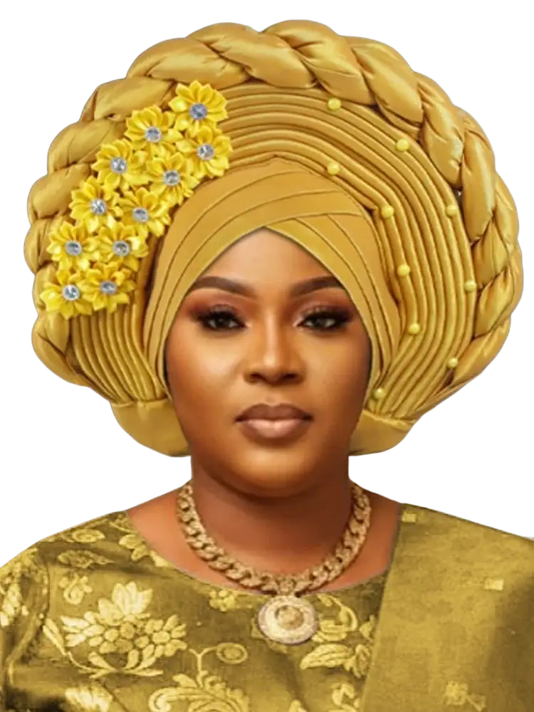 Golden african turban auto gele headwrap with intricate braids, yellow floral embellishments, and pearl-like beads