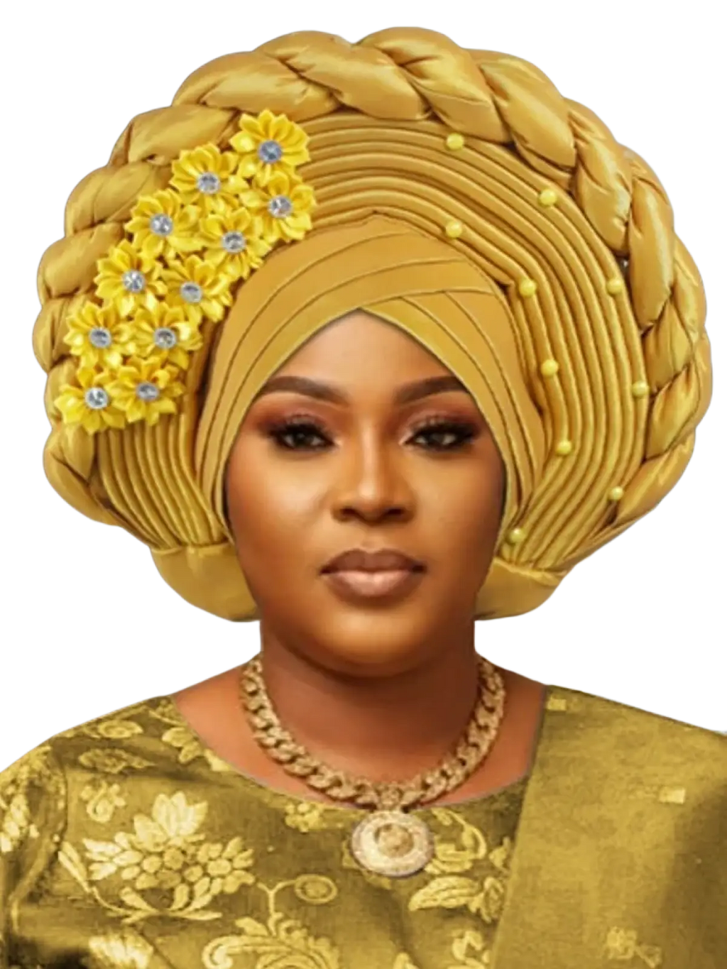 Golden african turban auto gele headwrap with intricate braids, yellow floral embellishments, and pearl-like beads