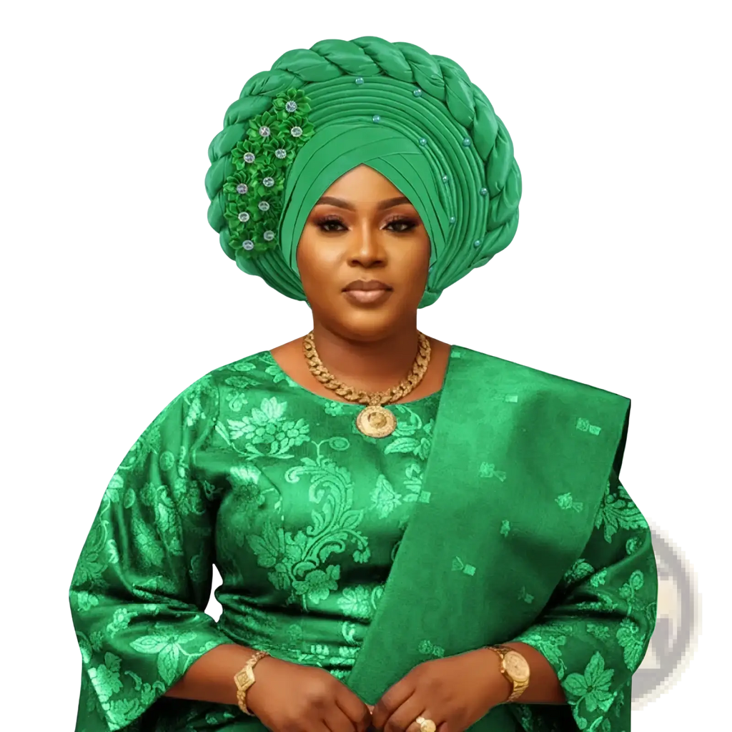 African turban auto gele headwrap in emerald green braided fabric with silver beaded floral embellishments
