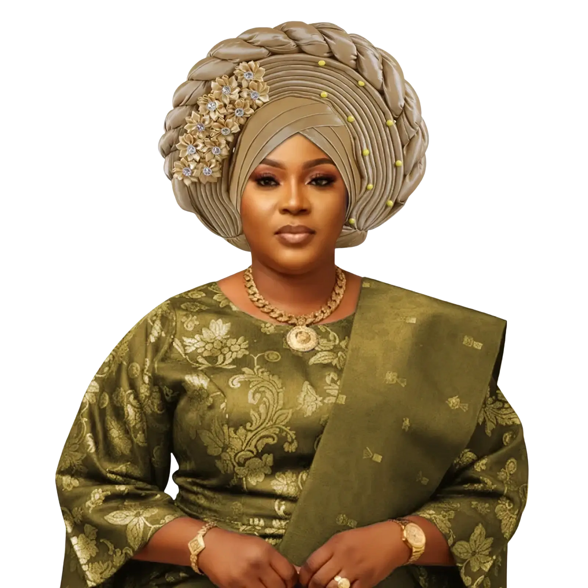 Olive green satin blouse with gold floral embroidery and matching draped fabric panel for african turban auto gele headwrap