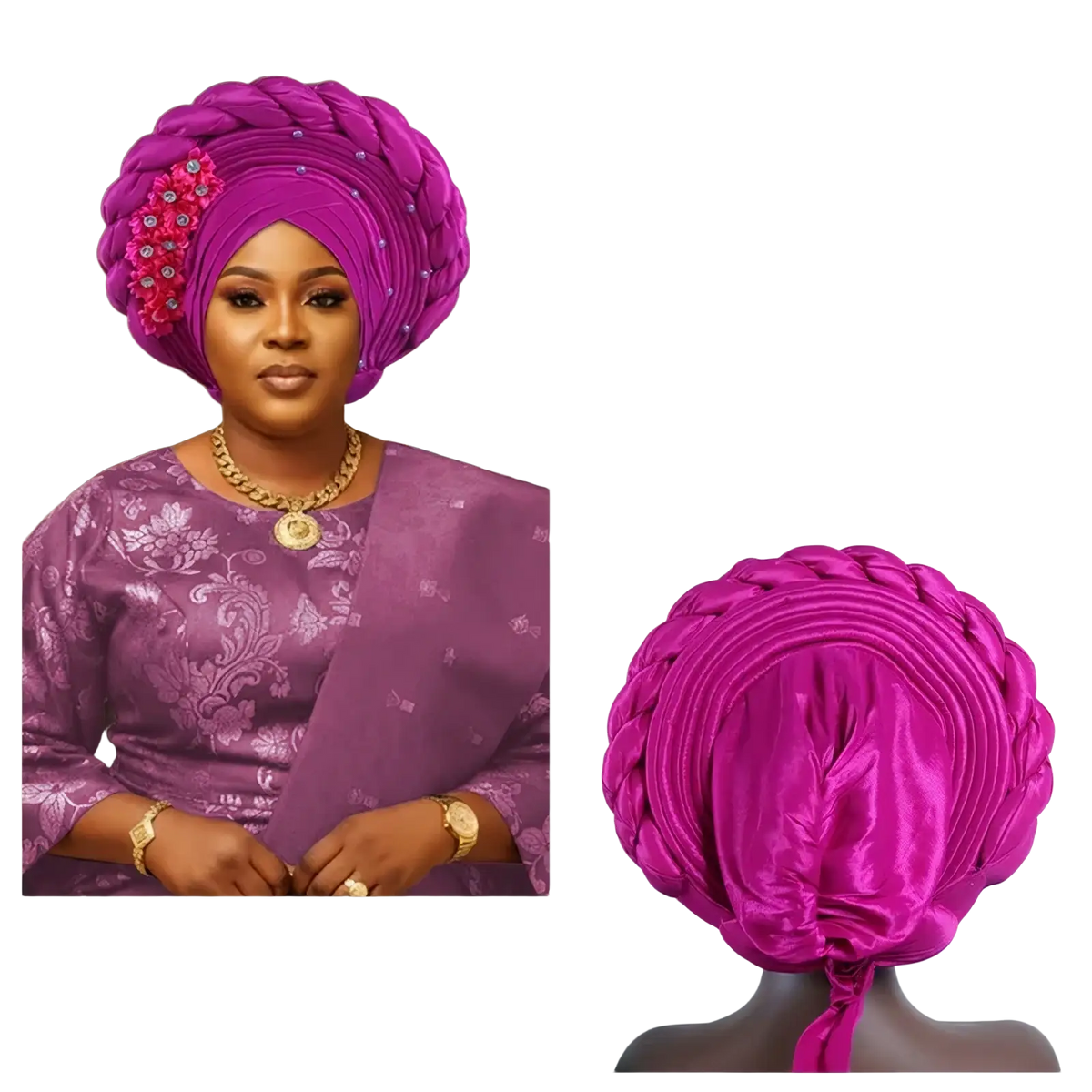 African turban auto gele headwrap in vibrant fuchsia satin with intricate braided design and pink floral embellishment