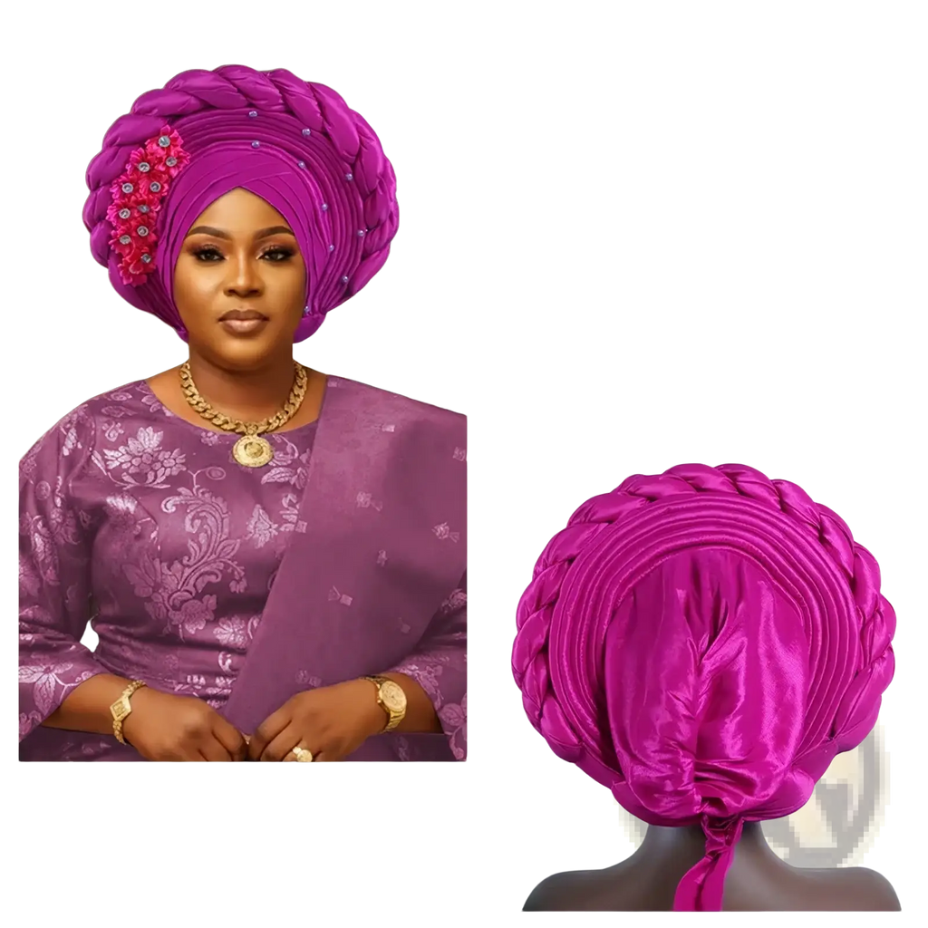 African turban auto gele headwrap in vibrant fuchsia satin with intricate braided design and pink floral embellishment