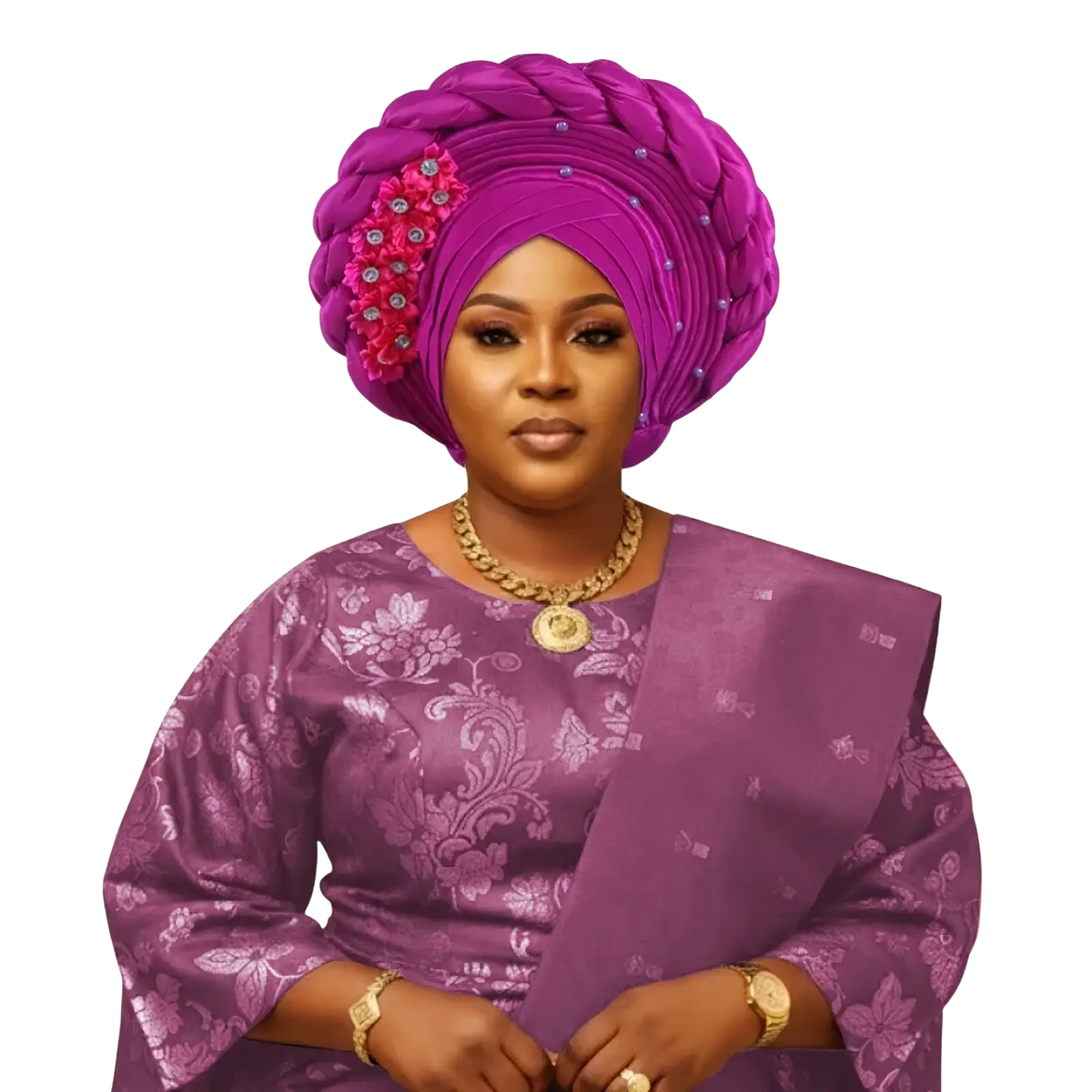 African turban auto gele headwrap in vibrant purple woven fabric with pink floral embellishments and silver beads