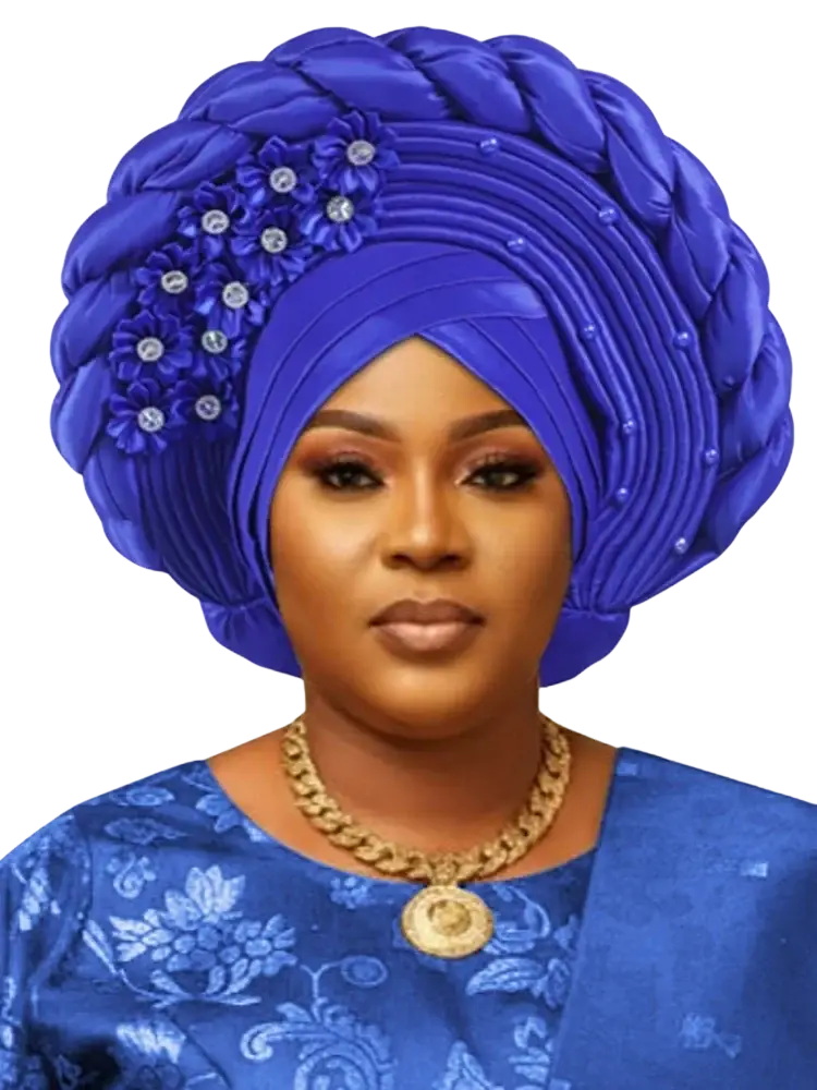 African turban auto gele headwrap in vibrant royal blue satin with intricate braided design and rhinestone floral accents