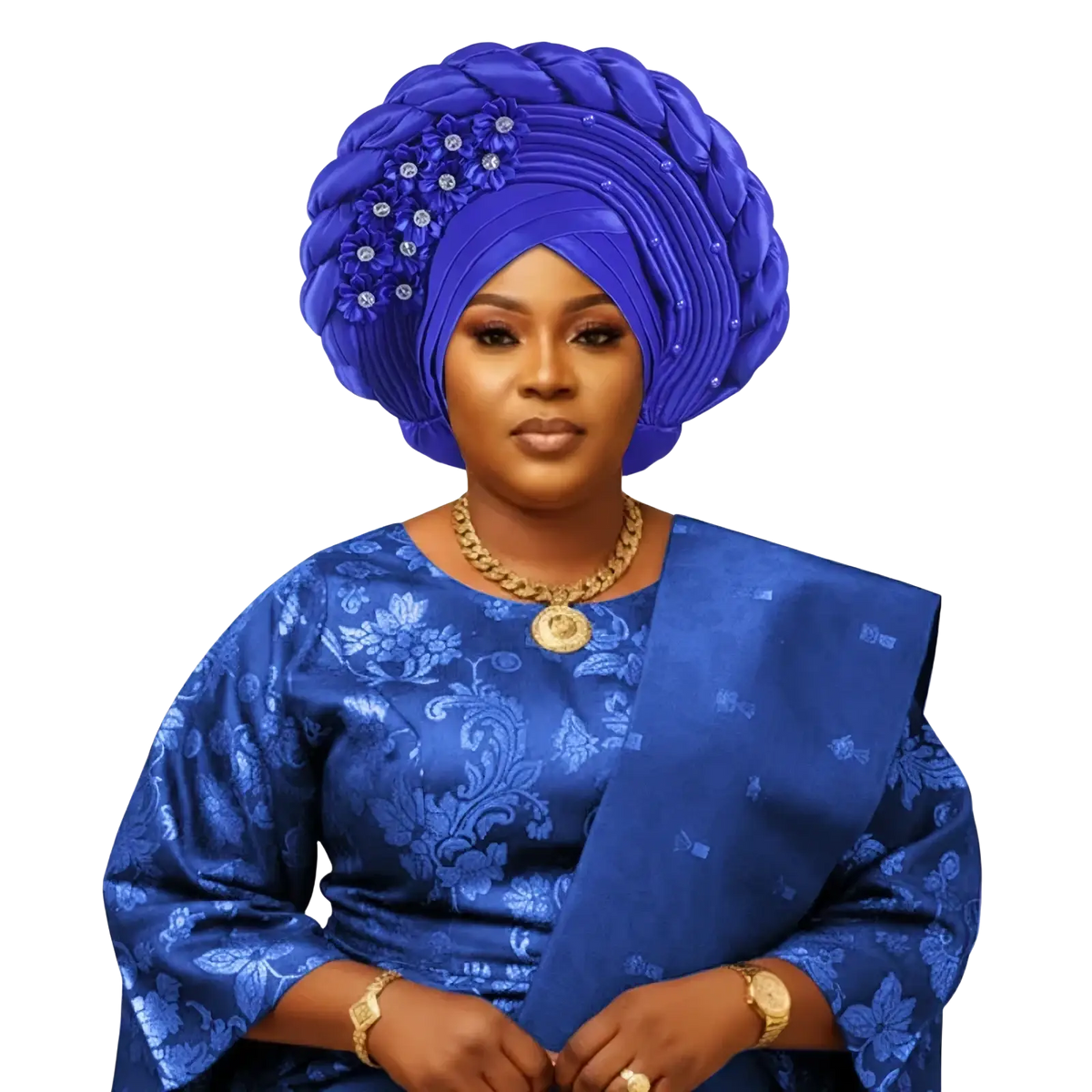 Vibrant royal blue african turban auto gele headwrap woven with silver embellishments and delicate floral details