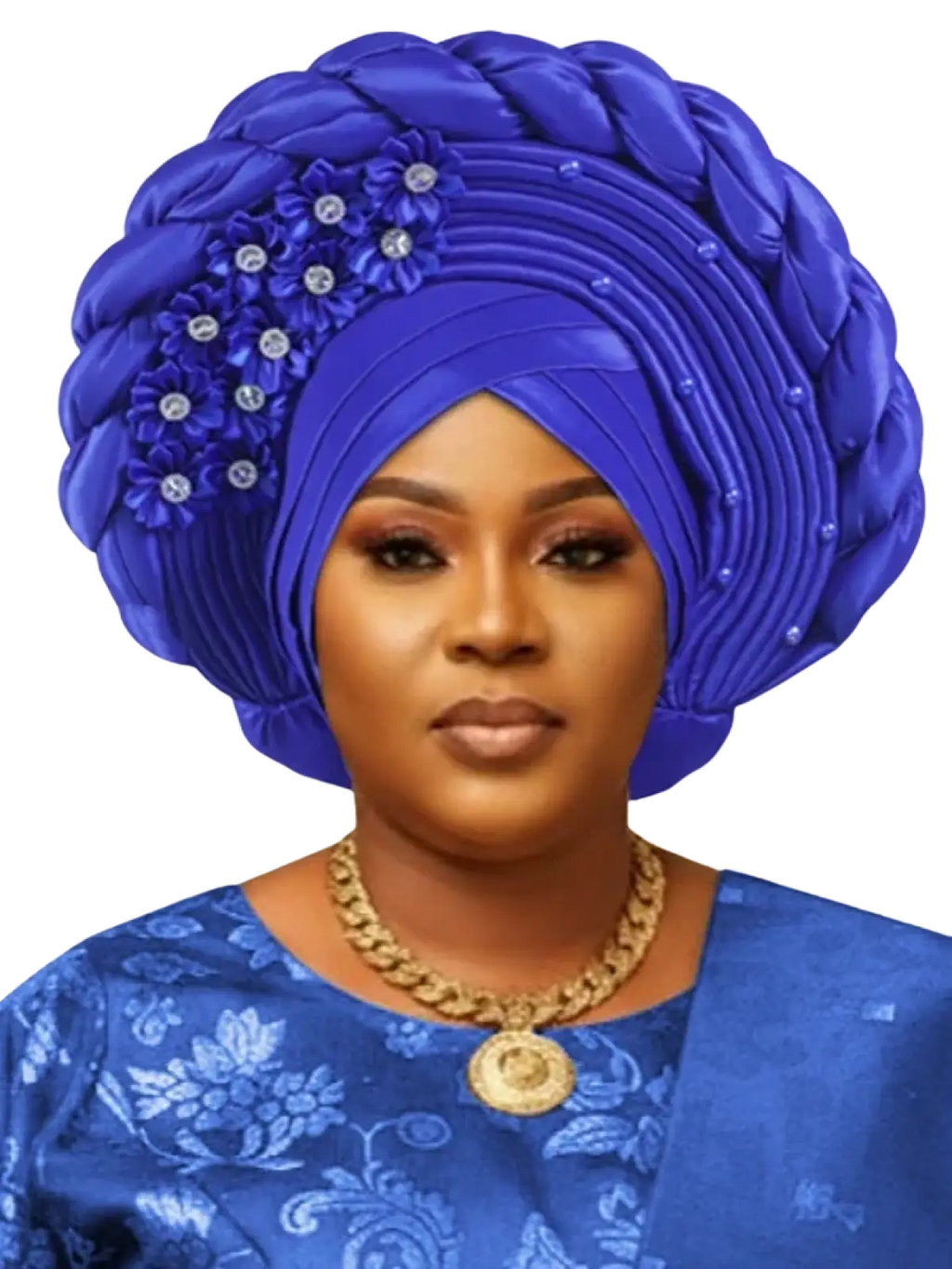 African turban auto gele headwrap in vibrant royal blue satin with intricate braided design and rhinestone floral accents