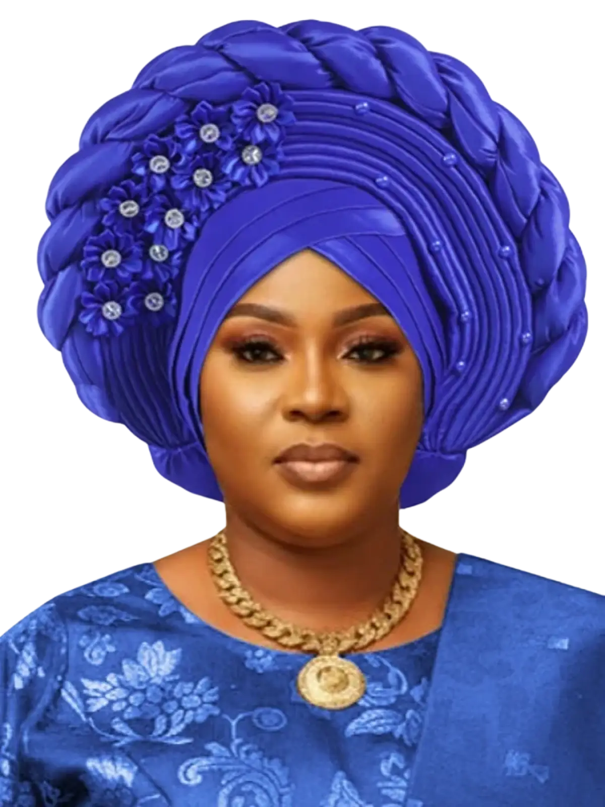 African turban auto gele headwrap in vibrant royal blue satin with intricate braided design and rhinestone floral accents