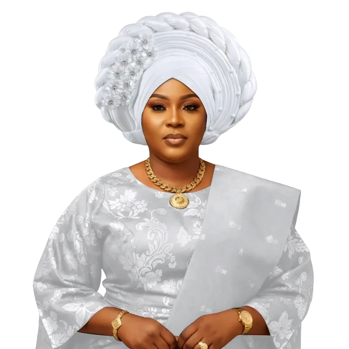 White African turban auto gele headwrap with intricate braids and silver floral embellishments for elegant wear