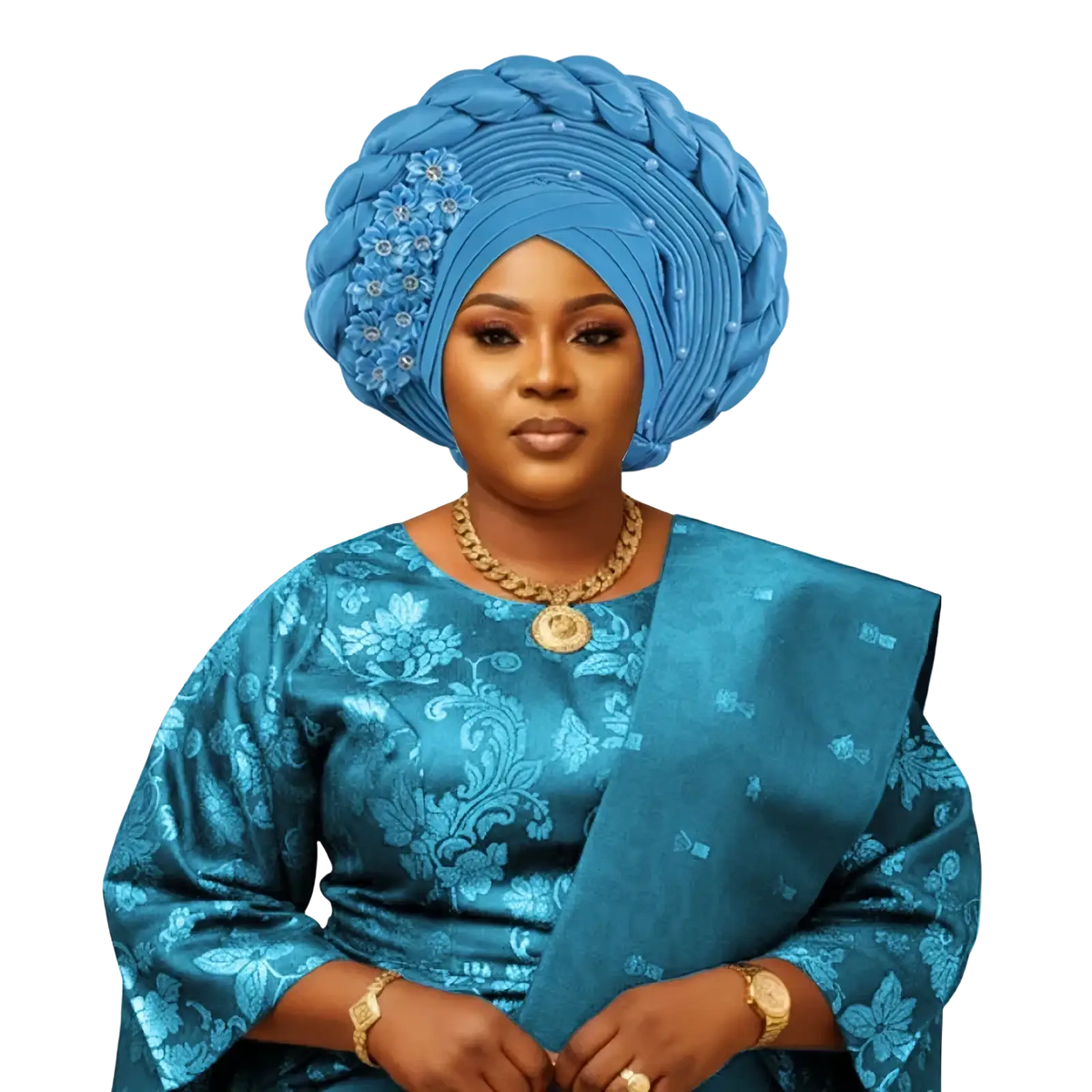 A woman wearing a vibrant blue african turban auto gele headwrap with intricate braids and floral embellishments