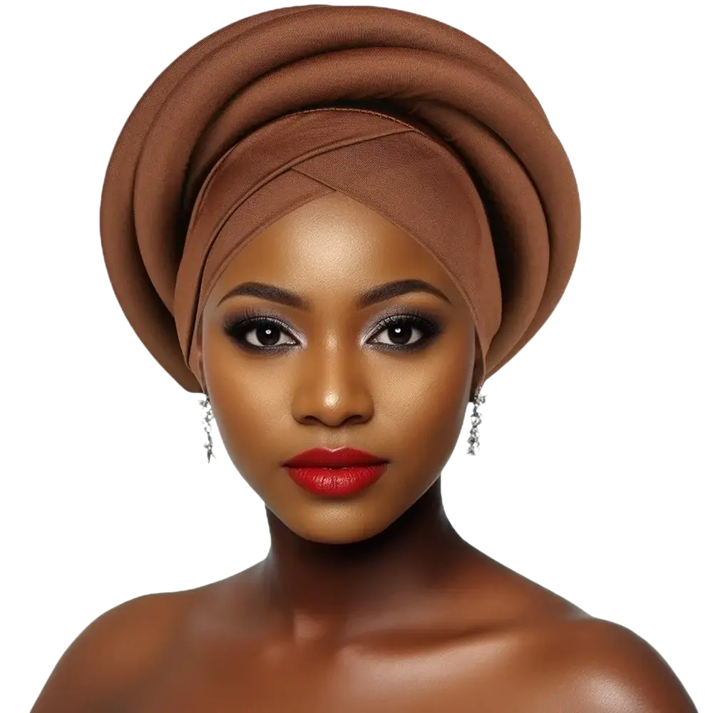 African women twisted turban head wrap in rich brown with a smooth fabric finish softly draped