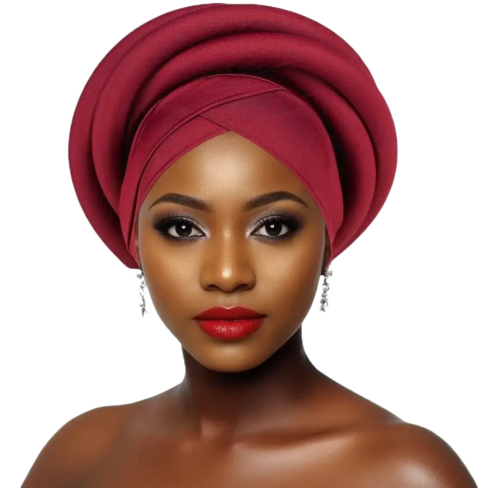 African women twisted turban head wrap in rich burgundy satin with a soft draped finish for stylish wear