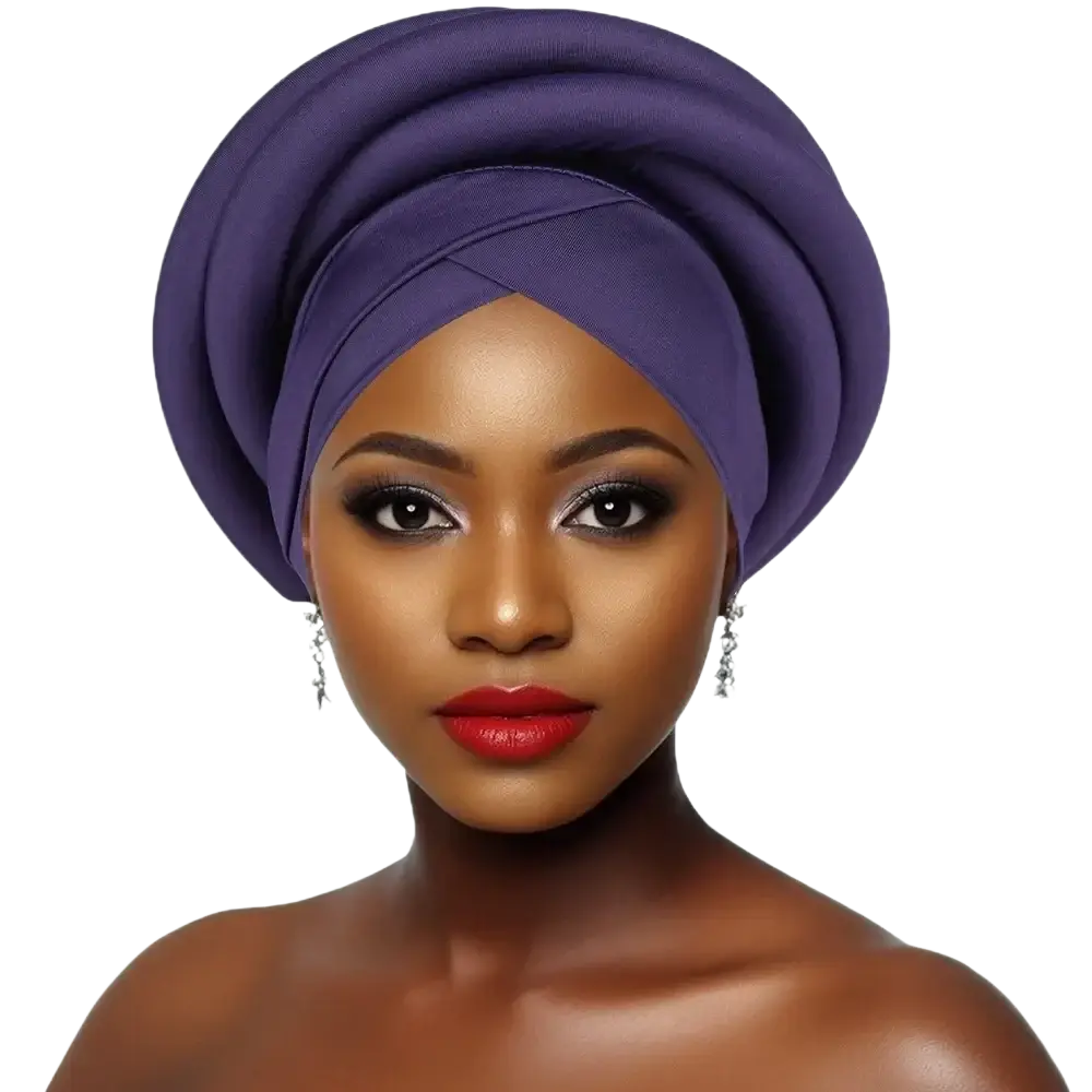 African women twisted turban headwrap in rich purple with a smooth fabric finish and soft draped design