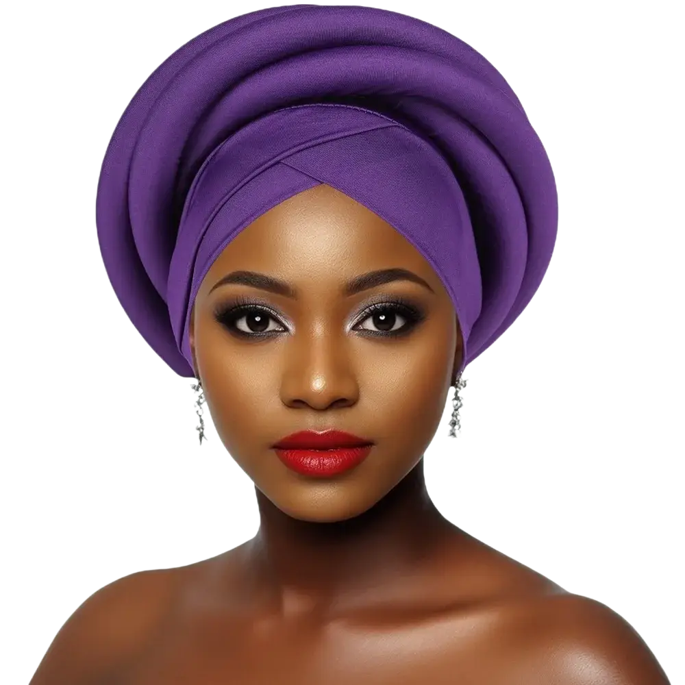 A rich purple african women twisted turban head wrap with softly draped smooth fabric finish