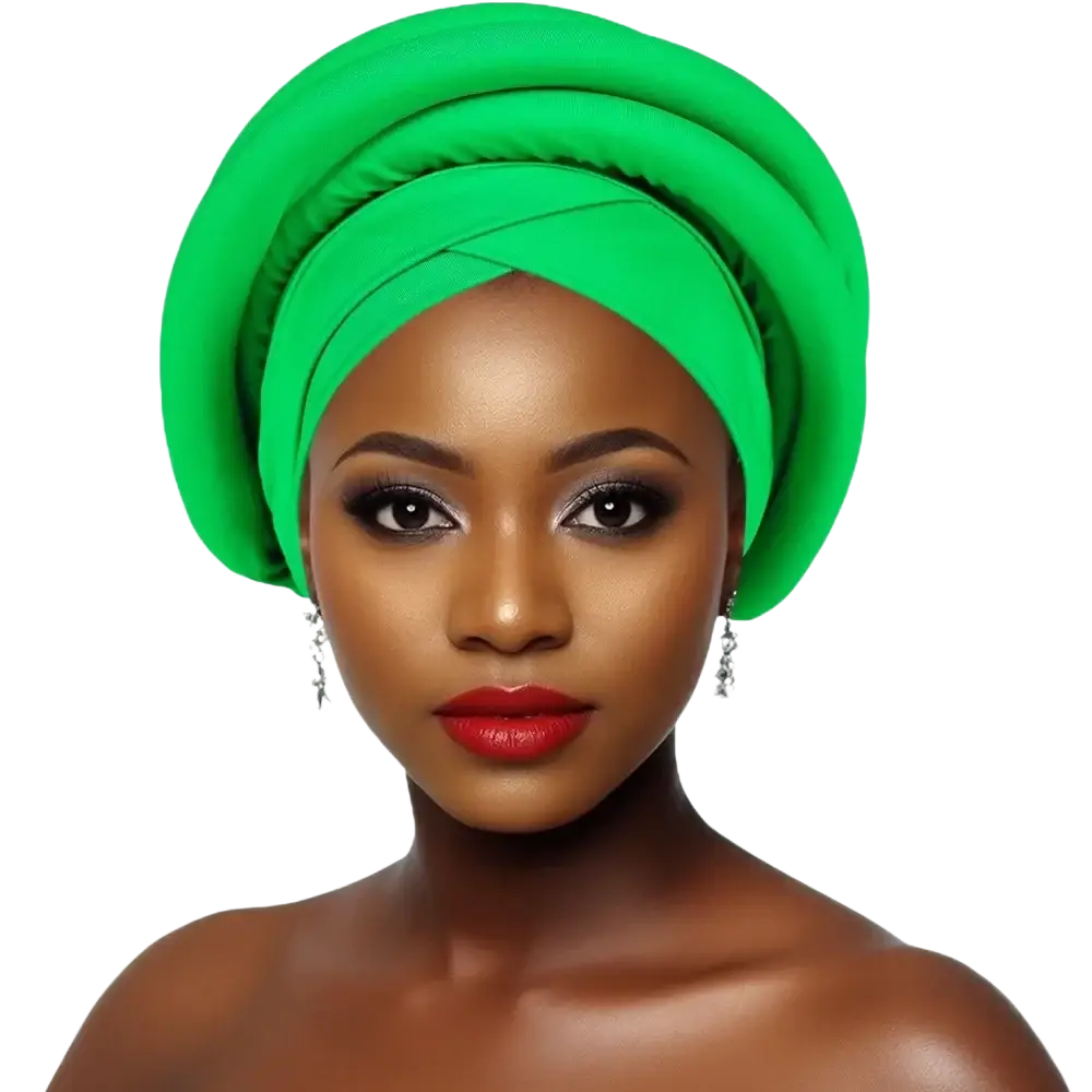 African women twisted turban head wrap in vibrant green with soft draping and smooth fabric finish