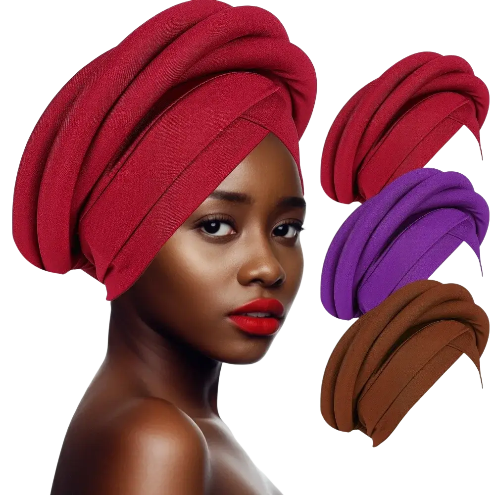 A vibrant red african women twisted turban head wrap displayed with purple and brown color variations nearby