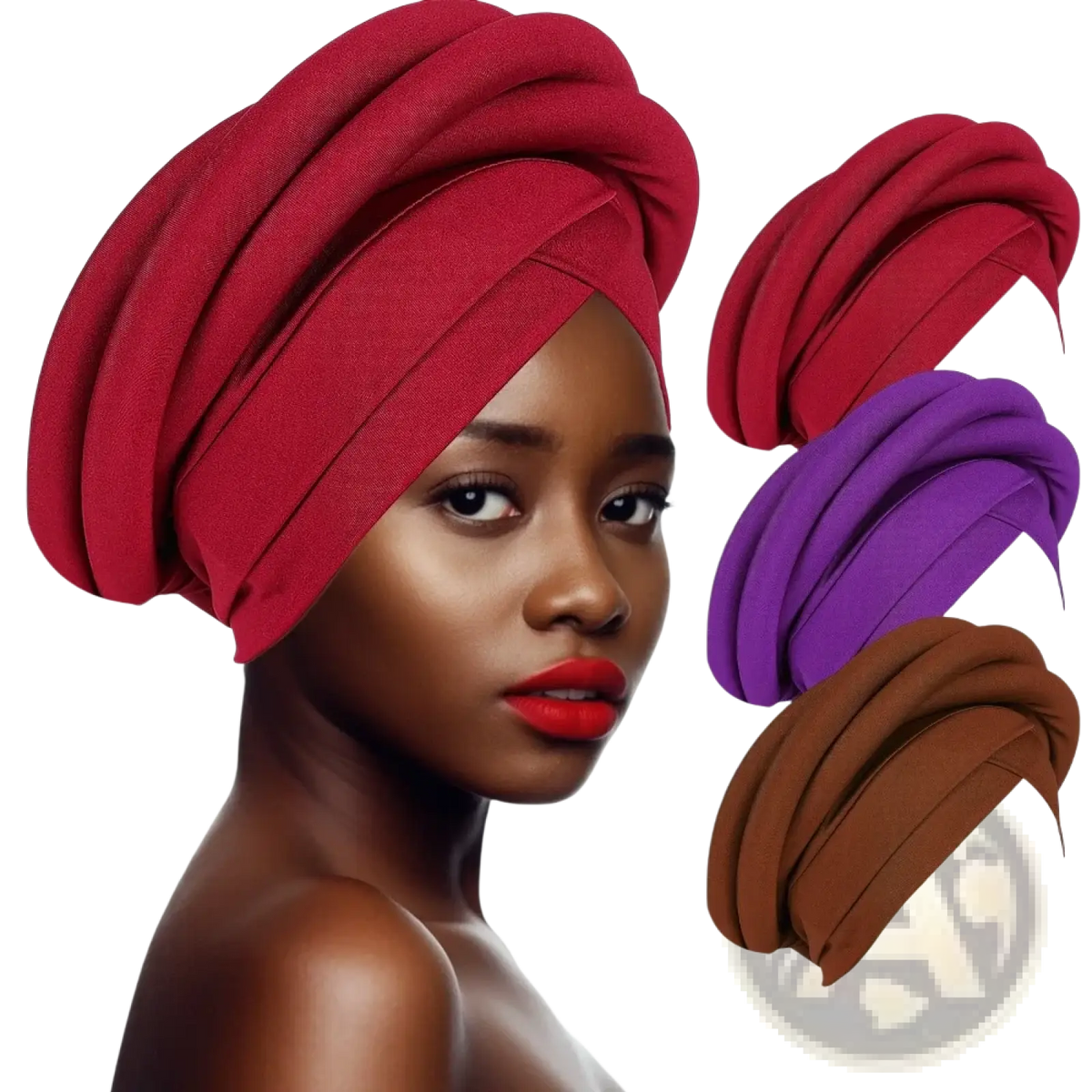 A vibrant red african women twisted turban head wrap displayed with purple and brown color variations nearby