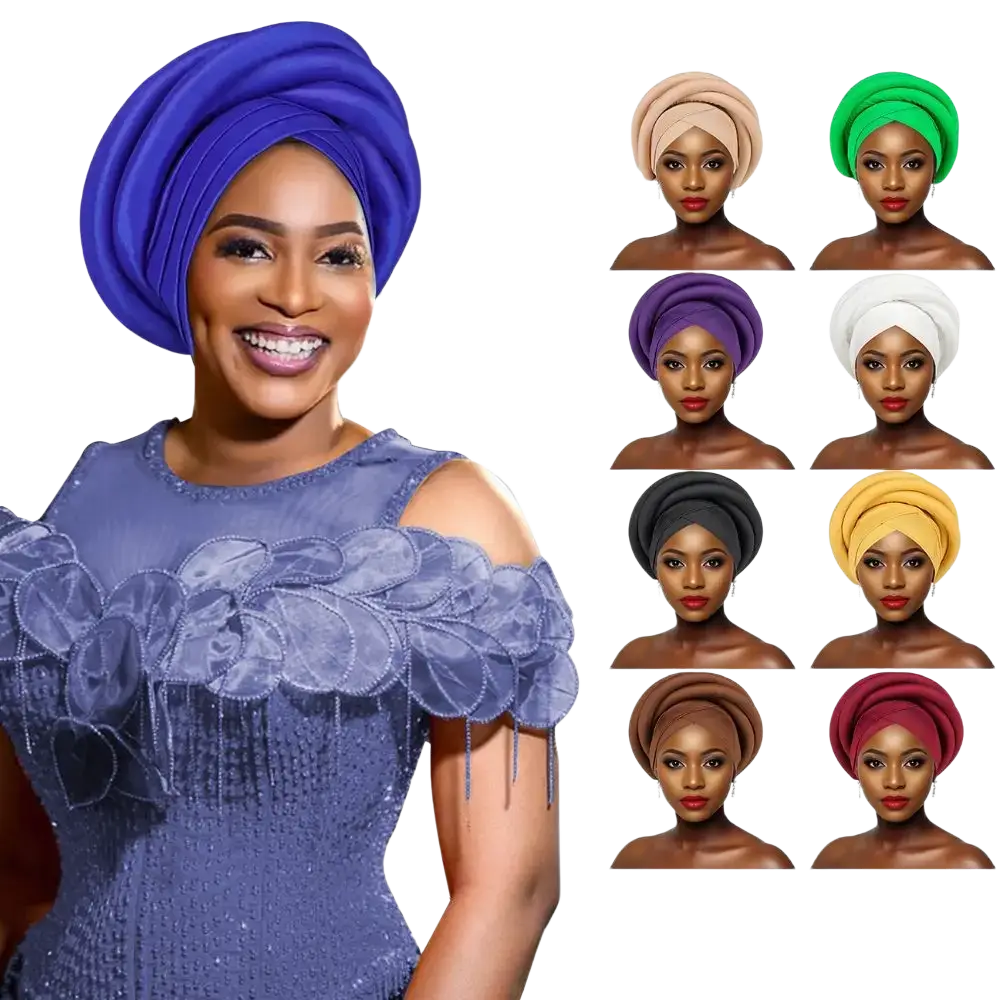 African women twisted turban head wrap in vibrant royal blue with a smooth satin finish and elegant draped design