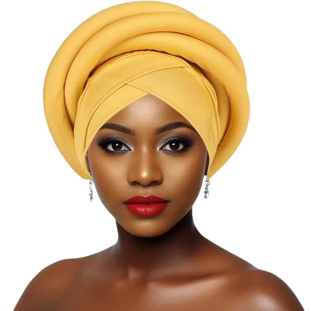 A vibrant yellow African women twisted turban head wrap with a soft, smooth fabric finish and gentle draping