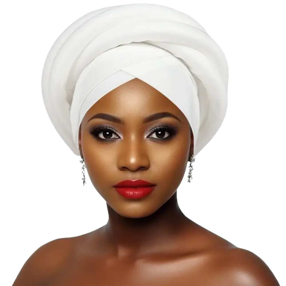 White soft-textured African women twisted turban head wrap elegantly wrapped around the model’s head