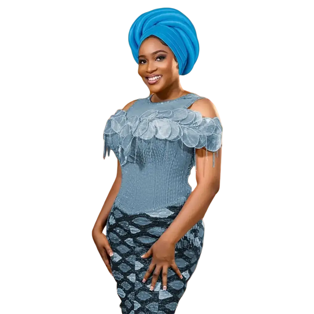 A woman wears an African women twisted turban head wrap with a light blue off-the-shoulder dress and dark patterned skirt