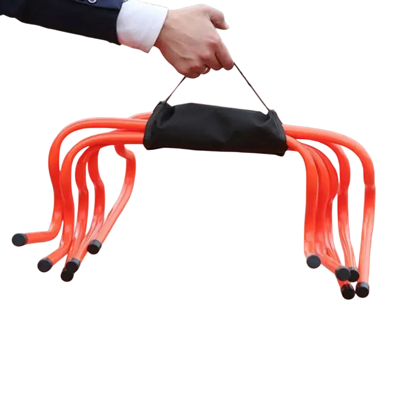 Bright orange plastic agility ladder with black fabric carrying handle and rubber tips in oxford cloth storage wrapper