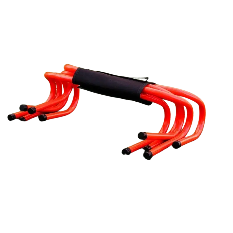 Set of bright orange plastic agility hurdles with black rubber caps and an oxford cloth carrying strap for storage