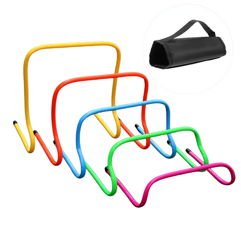Set of five colorful lightweight plastic agility hurdles in yellow, orange, blue, green, and pink with oxford cloth carry bag