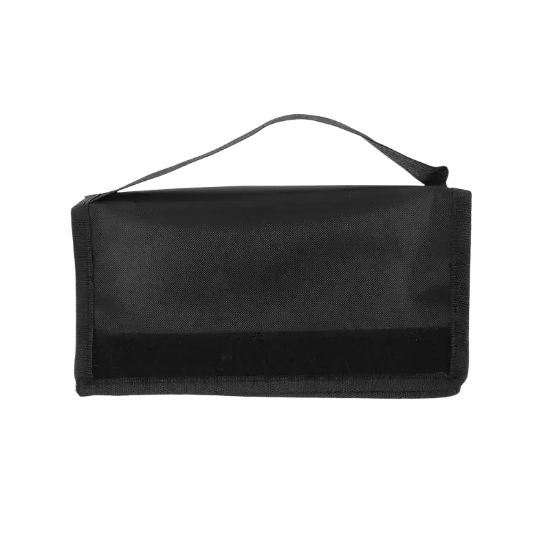 Black oxford cloth fabric wallet with carry strap, top handle, and reinforced stitching for storage carry strap use