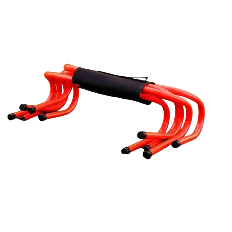 Set of six bright orange plastic agility hurdles with black handles and oxford cloth storage carry strap for easy transport