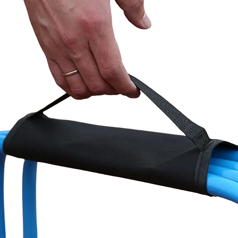Black fabric handle cover snugly wrapped around a bright blue plastic bar of agility ladder and hurdle training set