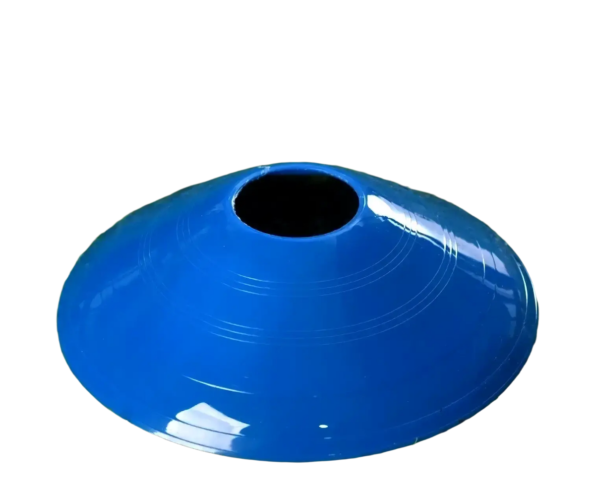 Bright blue glossy plastic agility soccer training cone with central hole and concentric circular ridges for soccer training