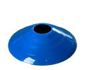 Bright blue plastic agility soccer training cone with central hole and concentric ridges for skill drills