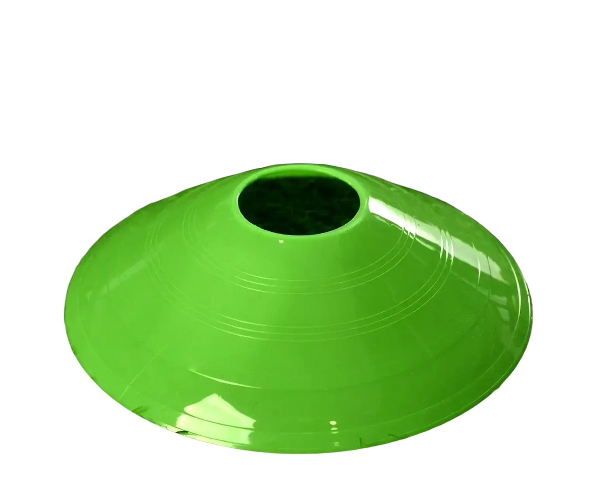 Bright green plastic agility soccer training cone with central hole and concentric circular ridges for drills