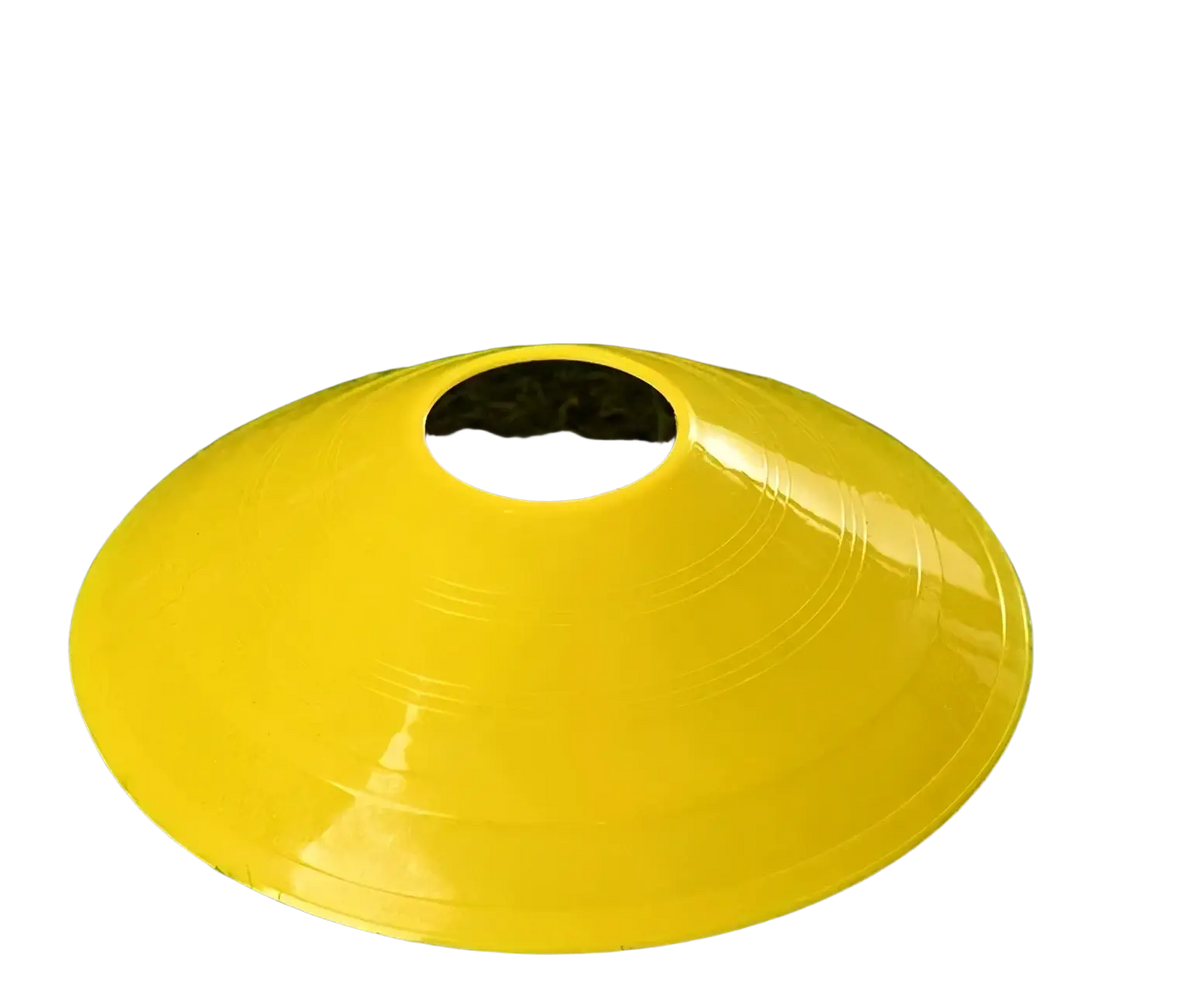 Bright yellow plastic agility soccer training cone with central hole designed for sports training use