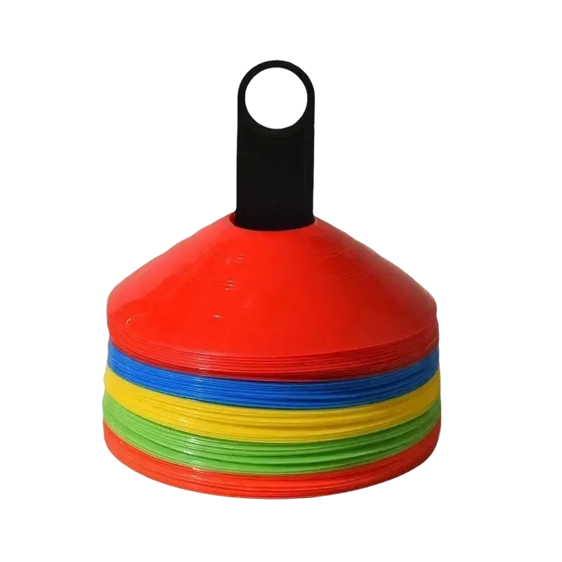 Stack of colorful plastic agility soccer training cones with a black handle for organized sports drills
