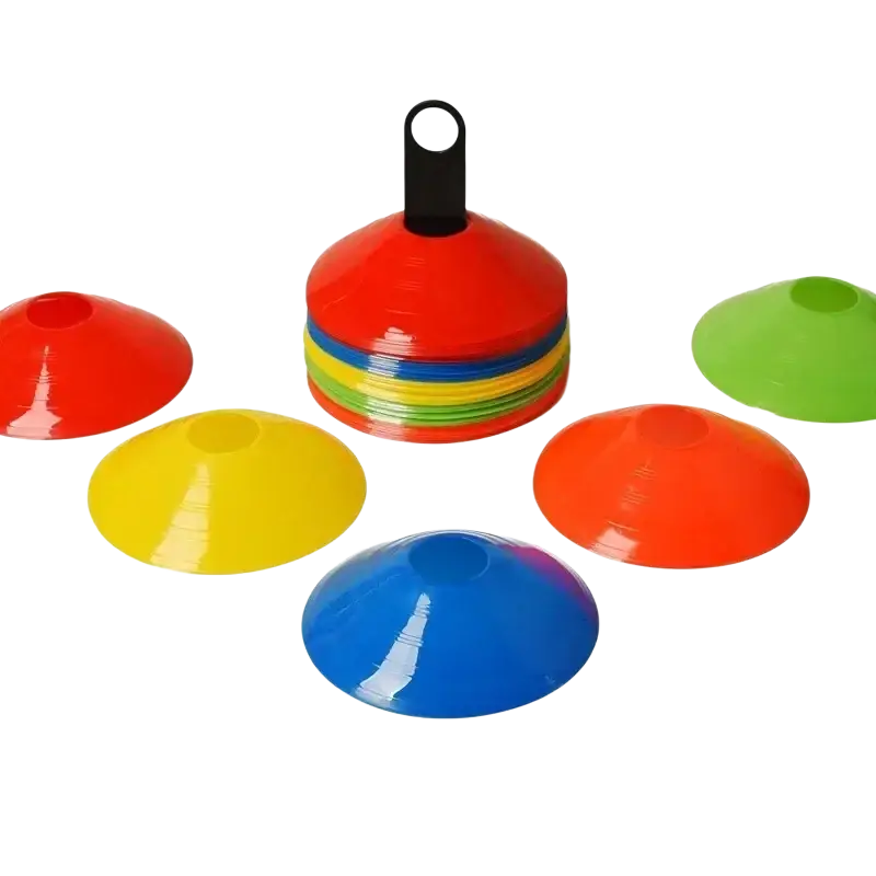 A stack of colorful plastic agility soccer training cones with a black handle for easy transport