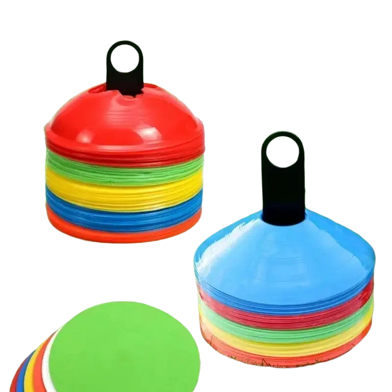 Agility soccer training cones set with colorful plastic discs in red yellow green and blue featuring black handles