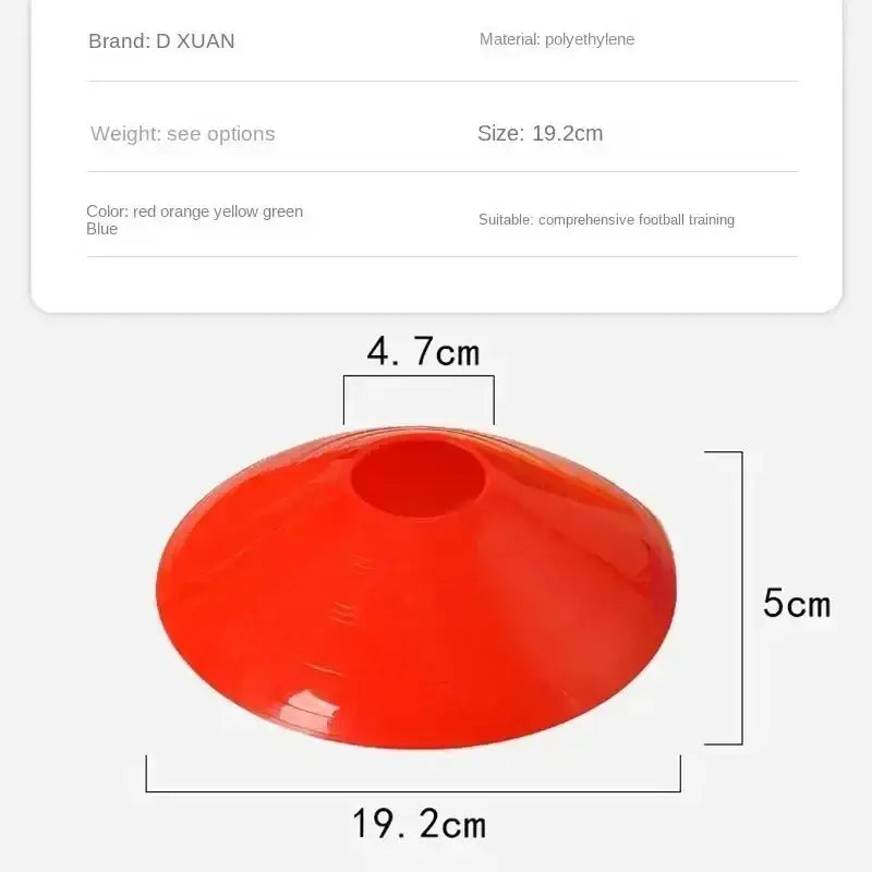 Vibrant red glossy polyethylene agility soccer training cone with central hole 19.2cm wide by 5cm tall