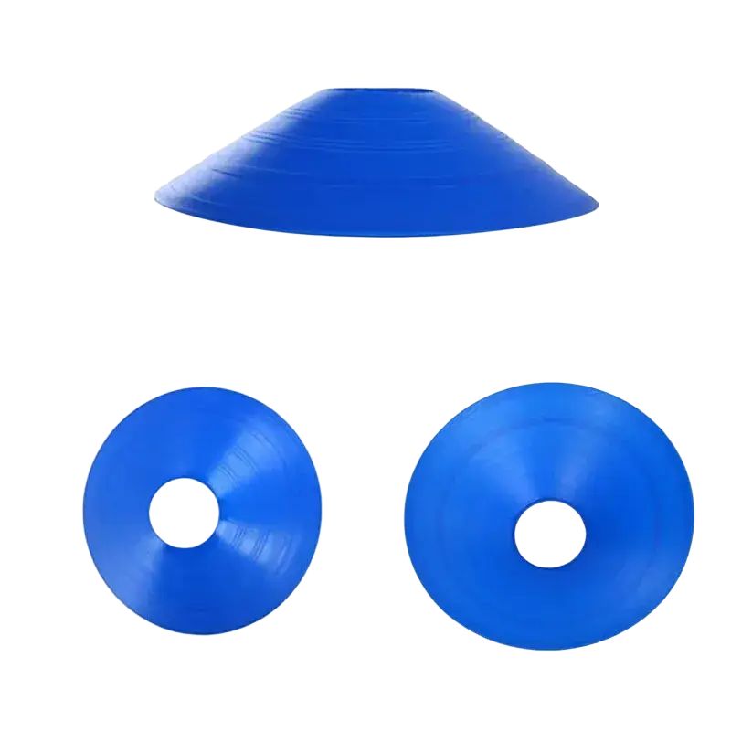 Blue plastic conical agility training cones with central hole for kids sports 10 pack set
