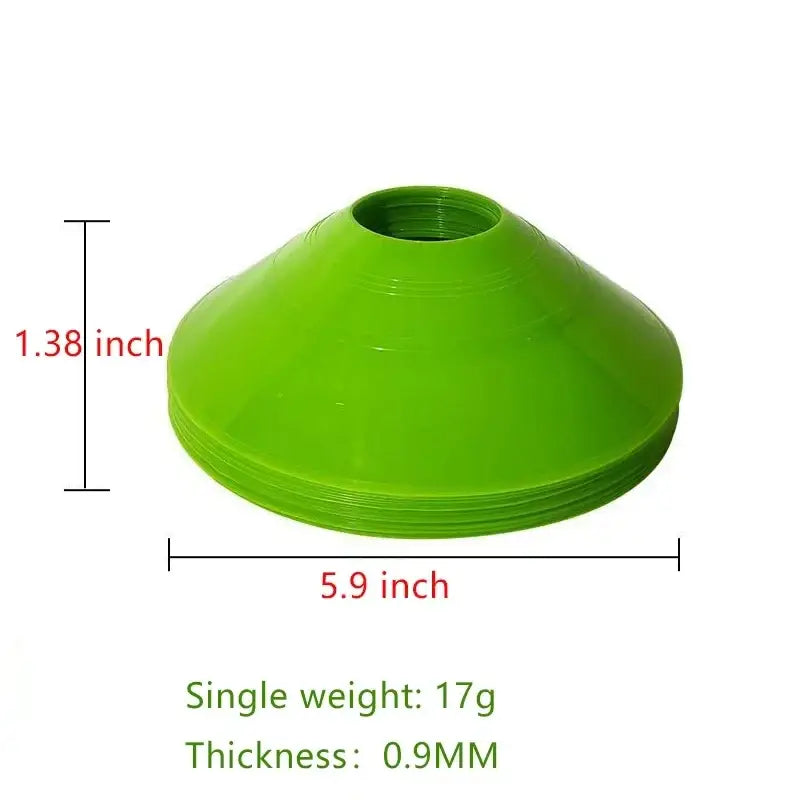 Bright green plastic agility training cone 1.38 inches tall with hollow center for stacking in kids sports 10 pack set