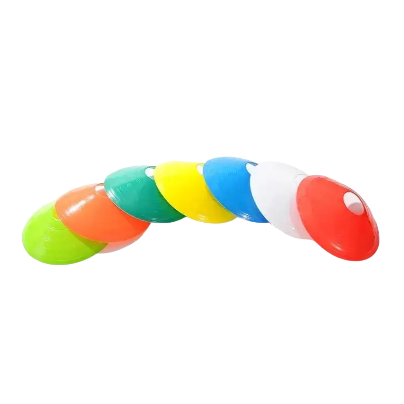 A set of colorful translucent plastic agility training cones arranged in a rainbow for kids sports 10 pack